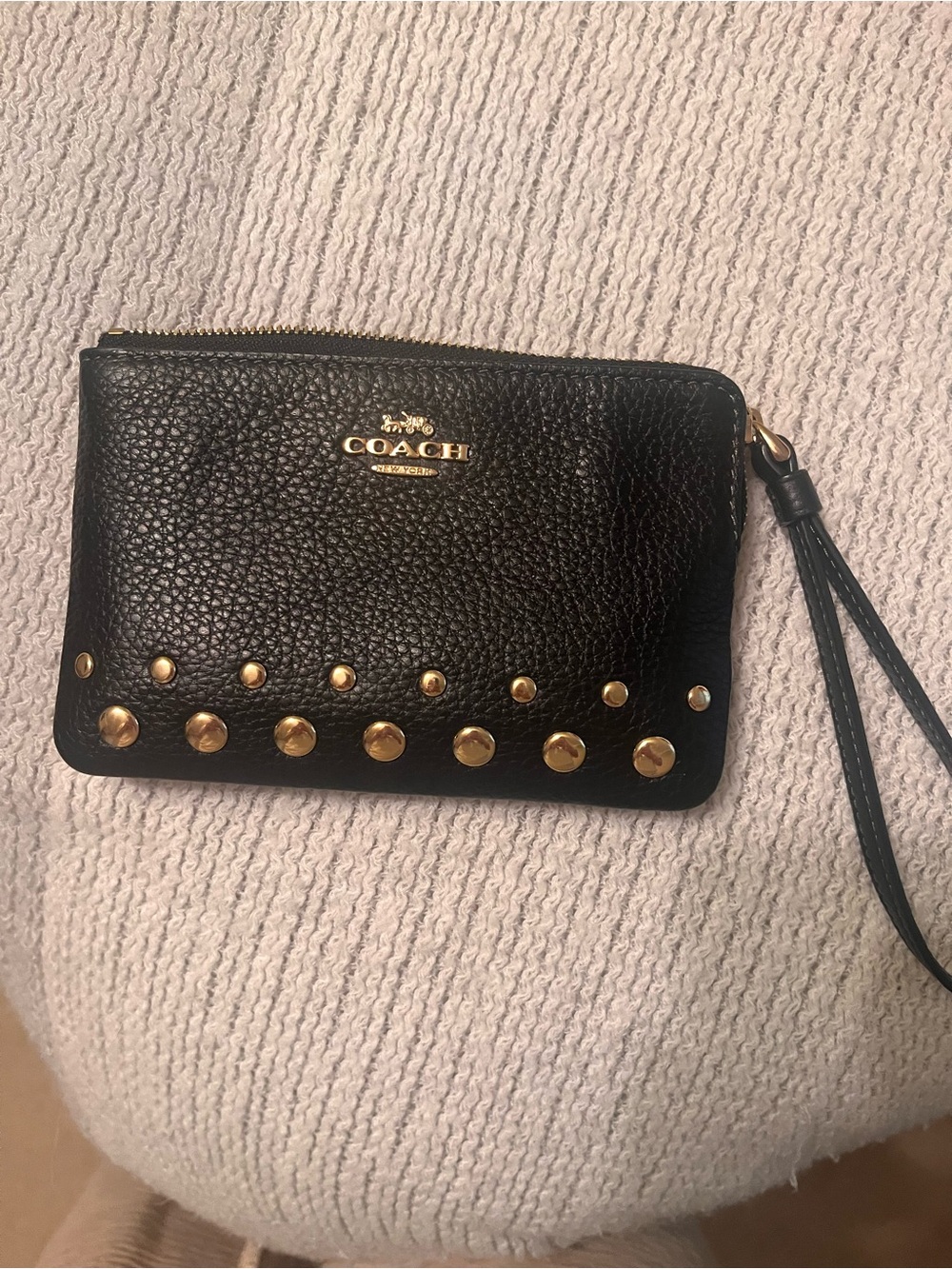 Coach Black Pebbled Leather Wristlet with Gold Stud Accents